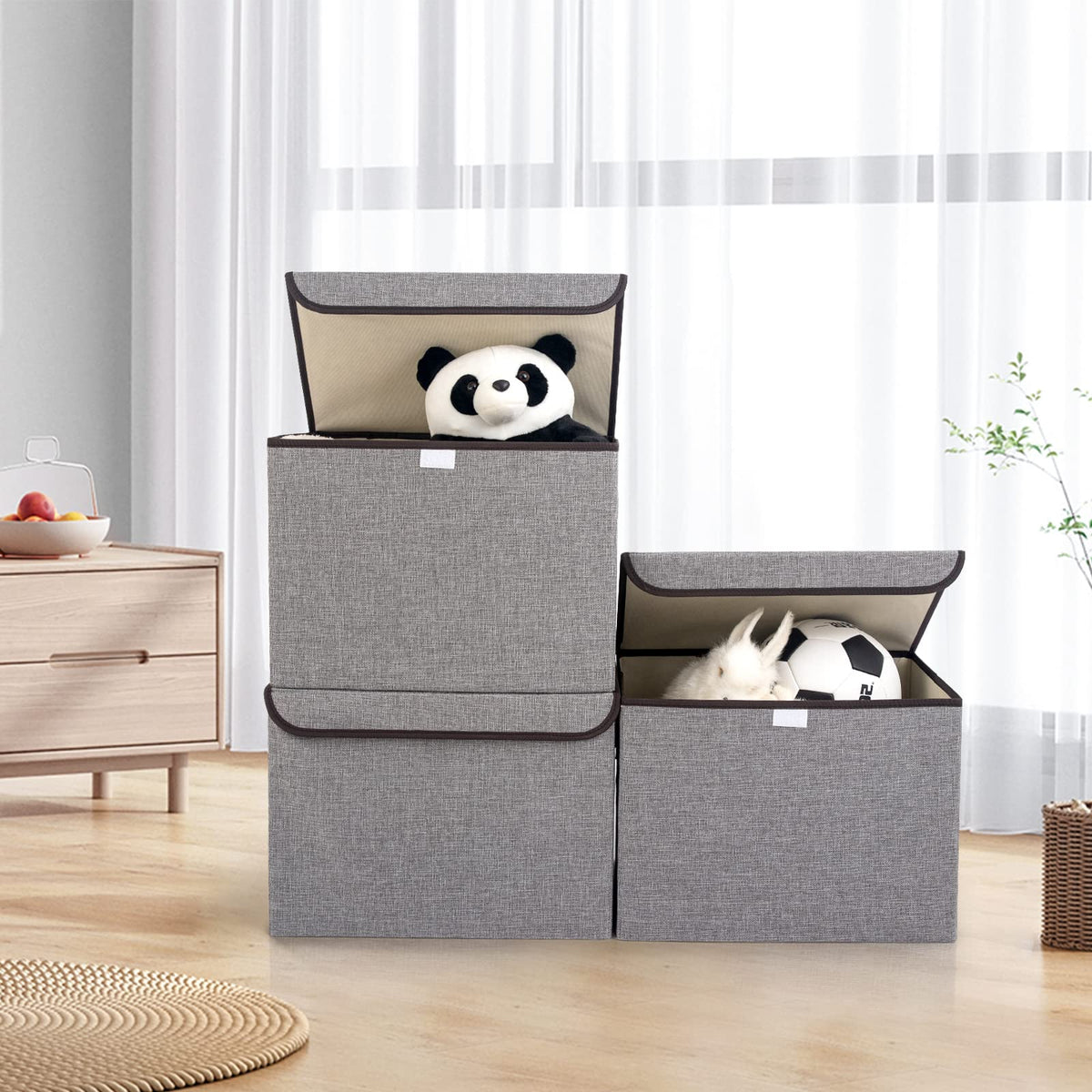 Bagnizer gray fabric bin with lid closed providing dust protection.