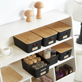 Bagnizer decorative bin with kraft labels for quick organization.