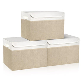 Bagnizer large 17-inch storage bin with lid in beige and white, ideal for bulky items.