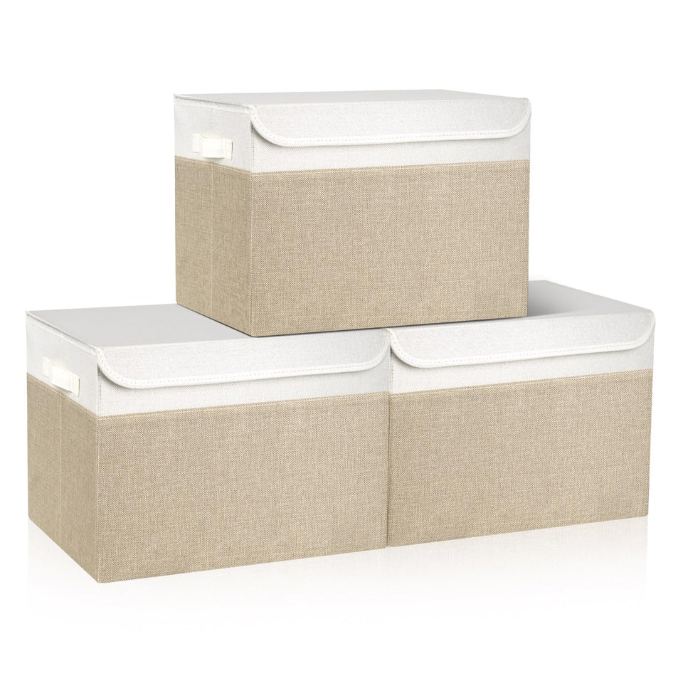 Bagnizer large 17-inch storage bin with lid in beige and white, ideal for bulky items.