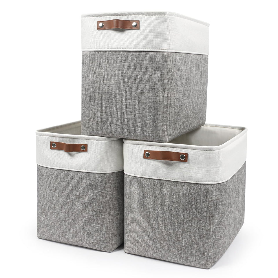 Bagnizer large fabric storage basket in grey and white on a shelf for easy organization