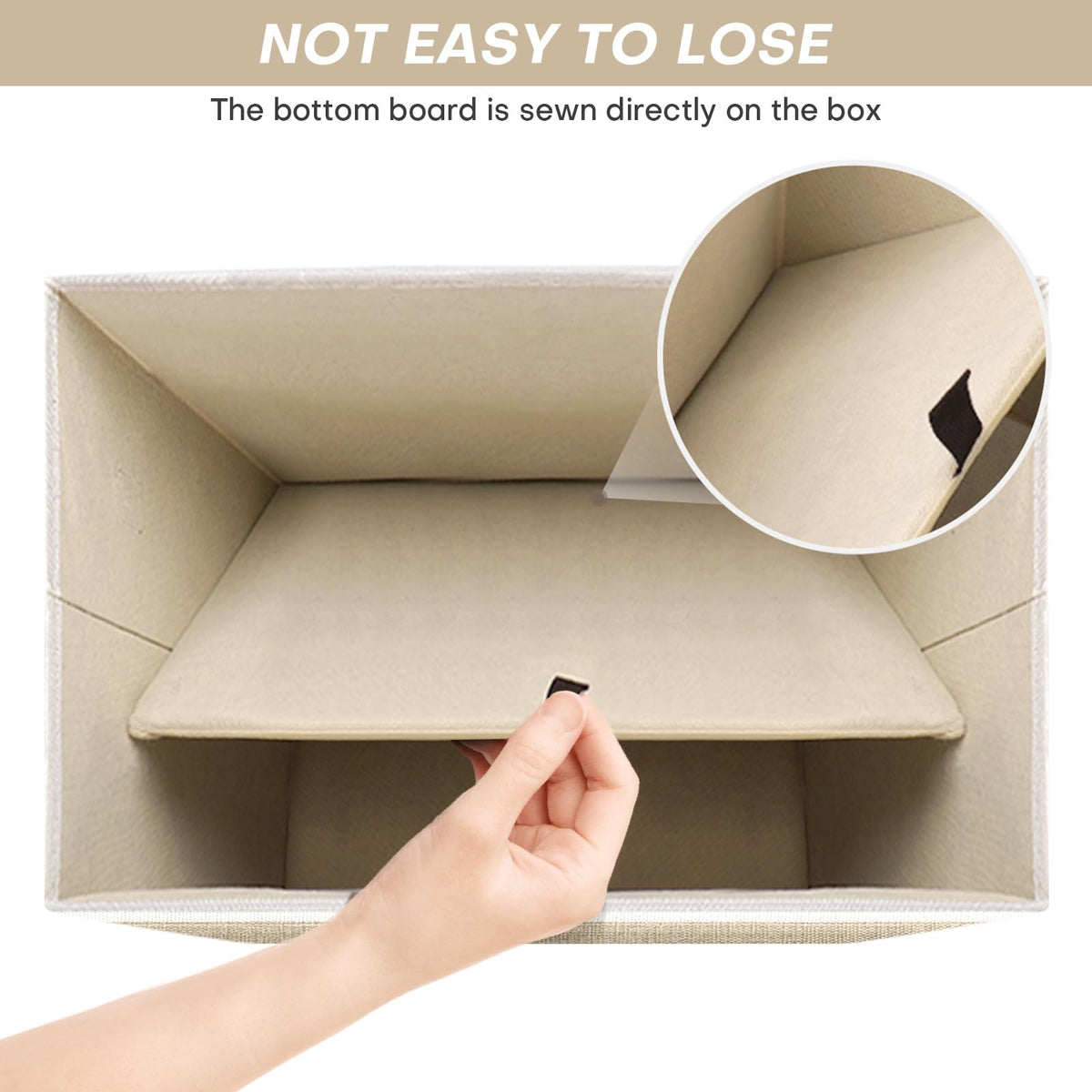 Bagnizer lid with Velcro closure on beige bin, keeps contents protected.