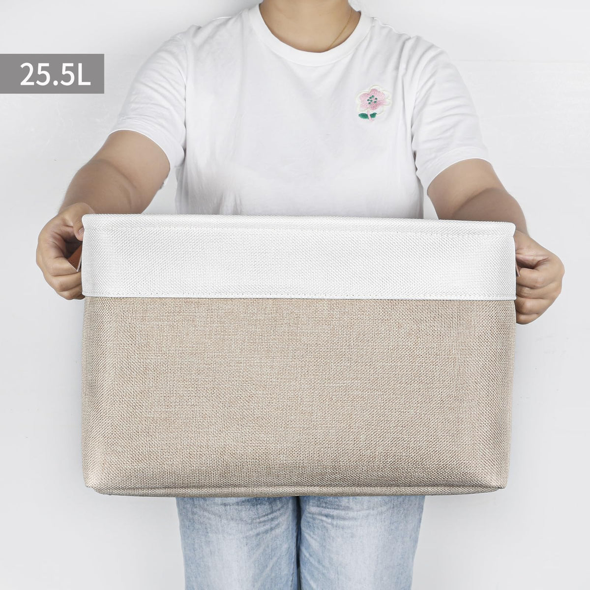 Bagnizer linen-texture bins on office shelf decluttering spaces.