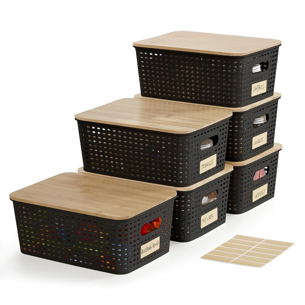 Bagnizer small plastic storage bin with bamboo lid, ideal for tidy shelves.