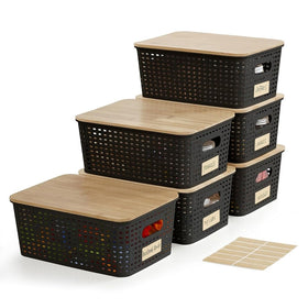 Bagnizer small plastic storage bin with bamboo lid, ideal for tidy shelves.