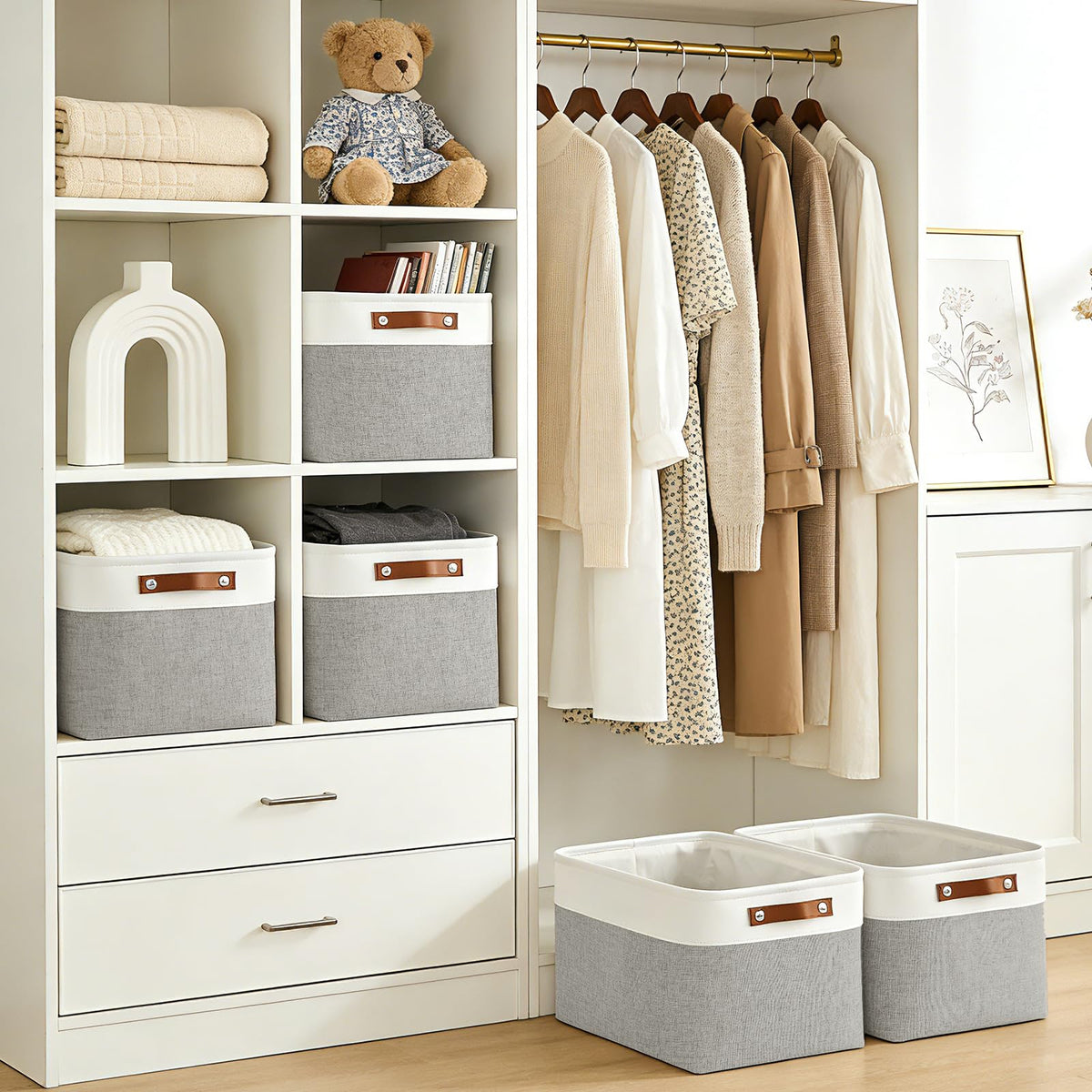 Bagnizer storage bin with durable leather handles for easy pull-out.