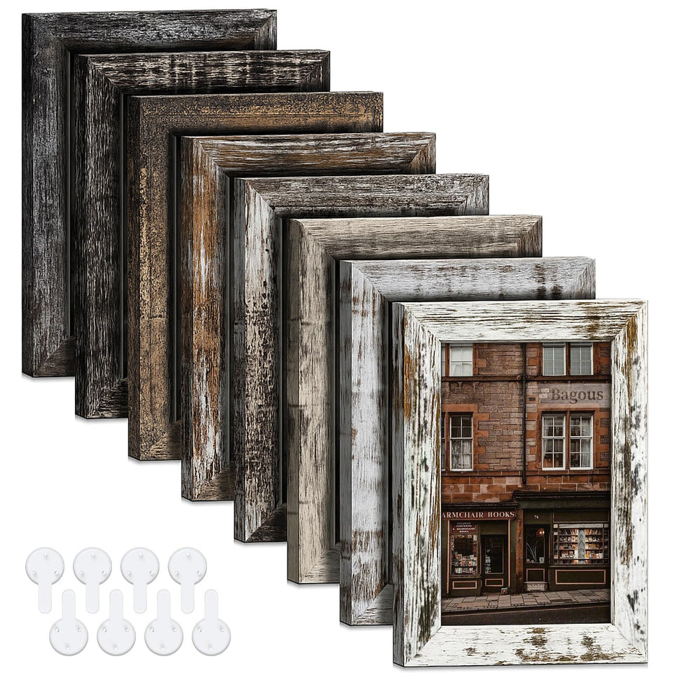 Bagous 5x7 photo frames set of 8 in vintage wood tones for wall or tabletop display.