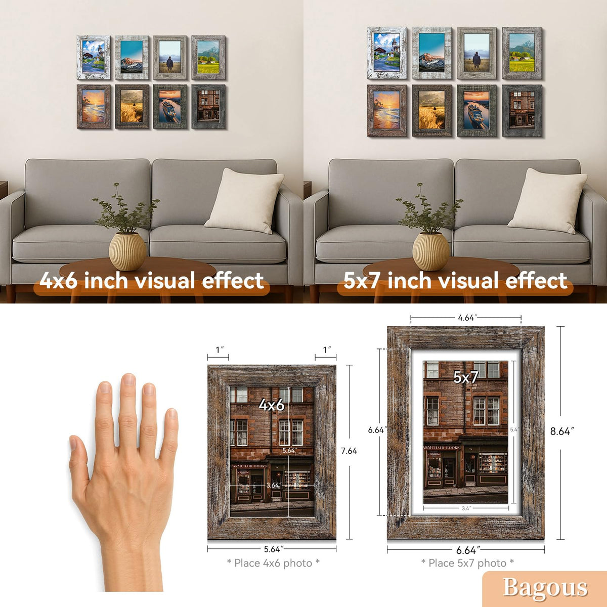 Bagous 5x7 frames with back fasteners for quick photo changes.