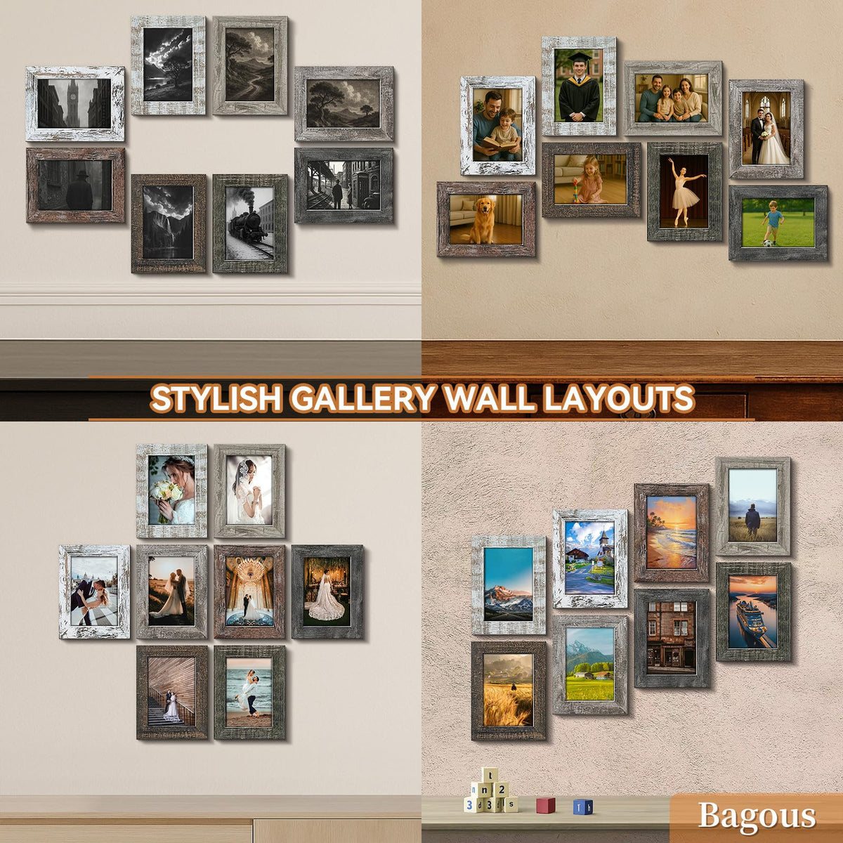 Bagous 5x7 frames with high-definition glass for crisp photo visibility.