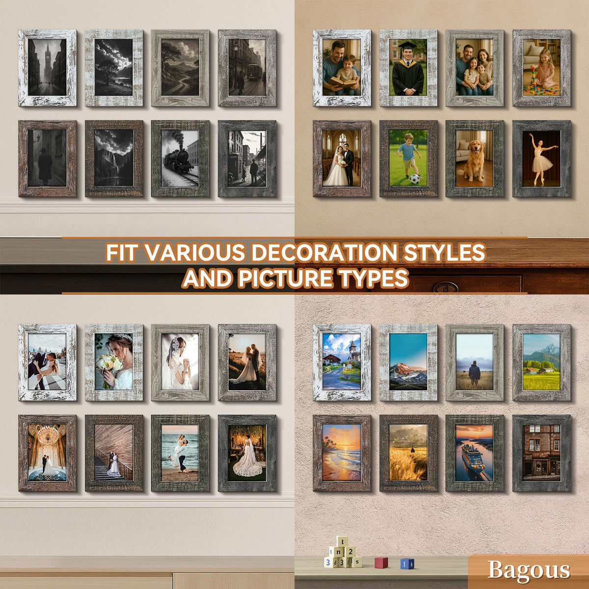 Bagous vintage-style frames with real glass and durable MDF for clear photos.