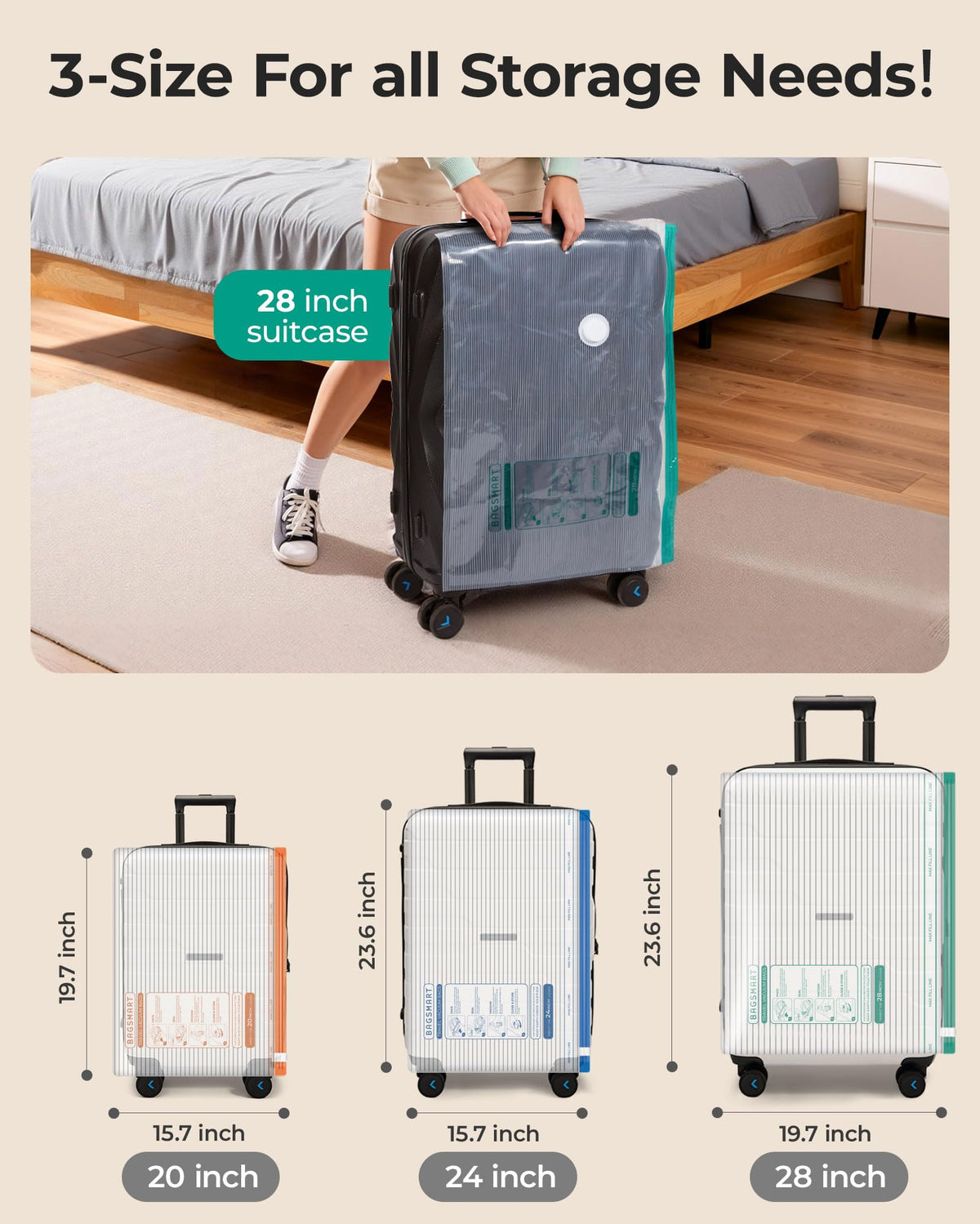 BAGSMART 4000Pa compression demonstrates fast space savings.