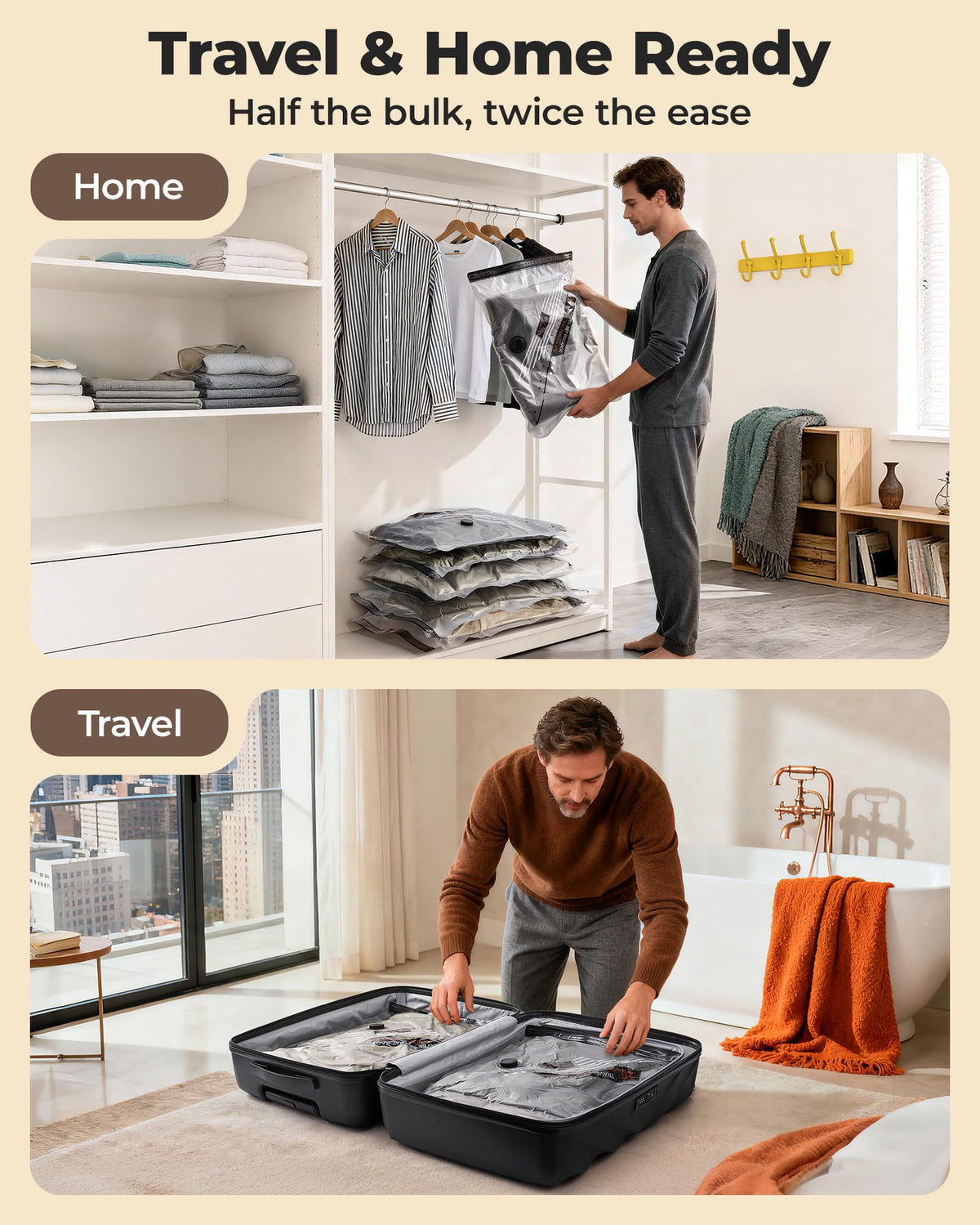 BAGSMART easy-grip pump with wide-mouth openings simplifies packing.