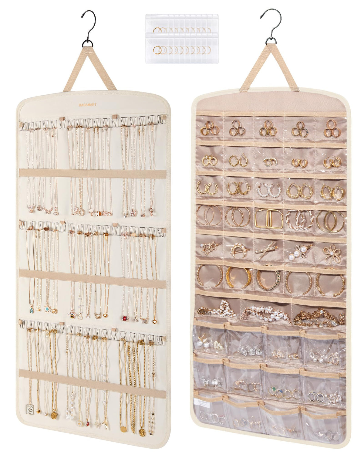 BAGSMART hanging jewelry organizer dual-sided pockets for quick, tangle-free access to earrings and rings.