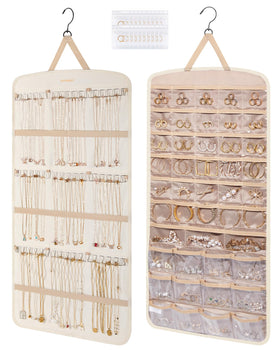 BAGSMART hanging jewelry organizer dual-sided pockets for quick, tangle-free access to earrings and rings.