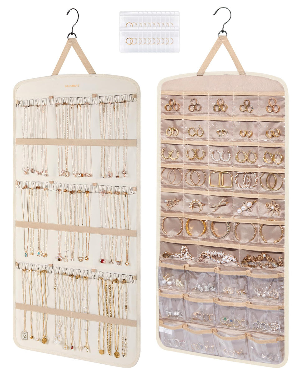BAGSMART hanging jewelry organizer dual-sided pockets for quick, tangle-free access to earrings and rings.