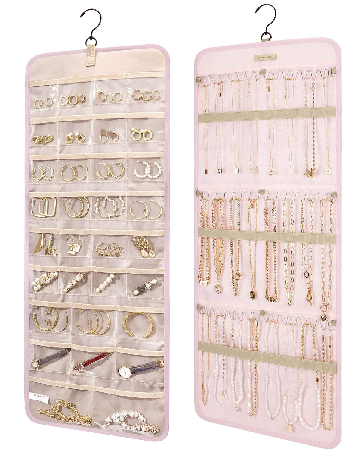 BAGSMART hanging jewelry organizer front view with easy-access pockets for quick ring and stud selection.