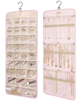 BAGSMART hanging jewelry organizer front view with easy-access pockets for quick ring and stud selection.