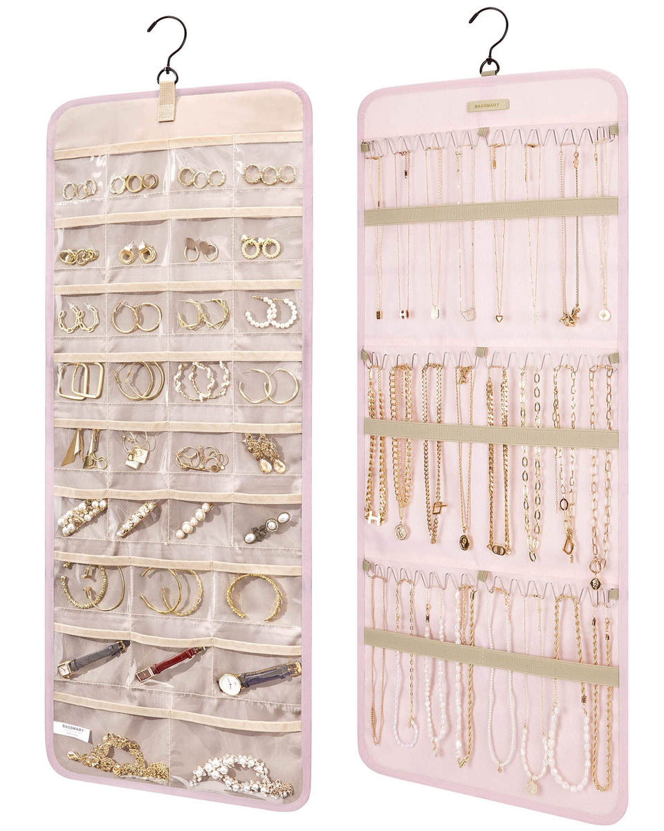 BAGSMART hanging jewelry organizer front view with easy-access pockets for quick ring and stud selection.