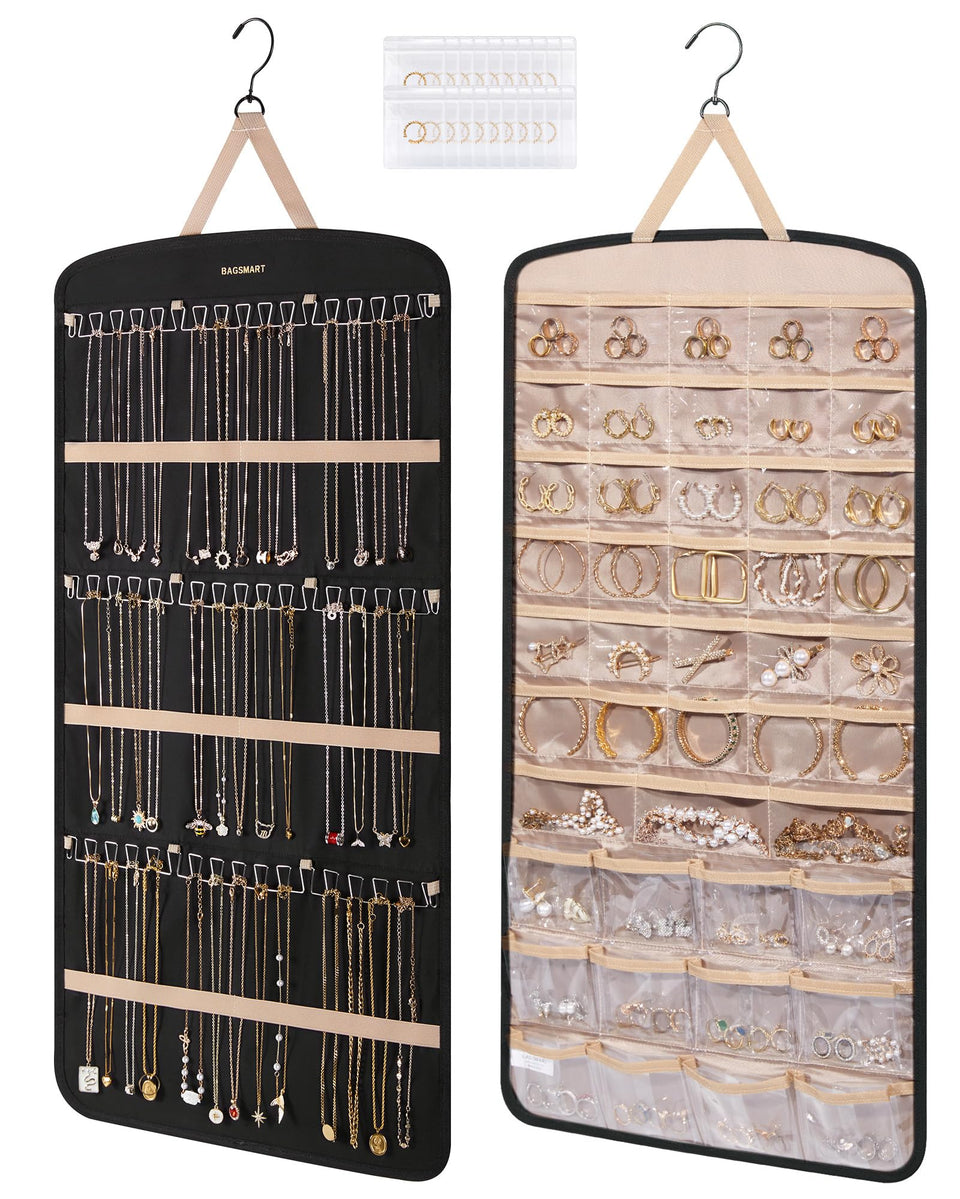 BAGSMART Hanging Jewelry Organizer front view with 42 pockets for easy access.