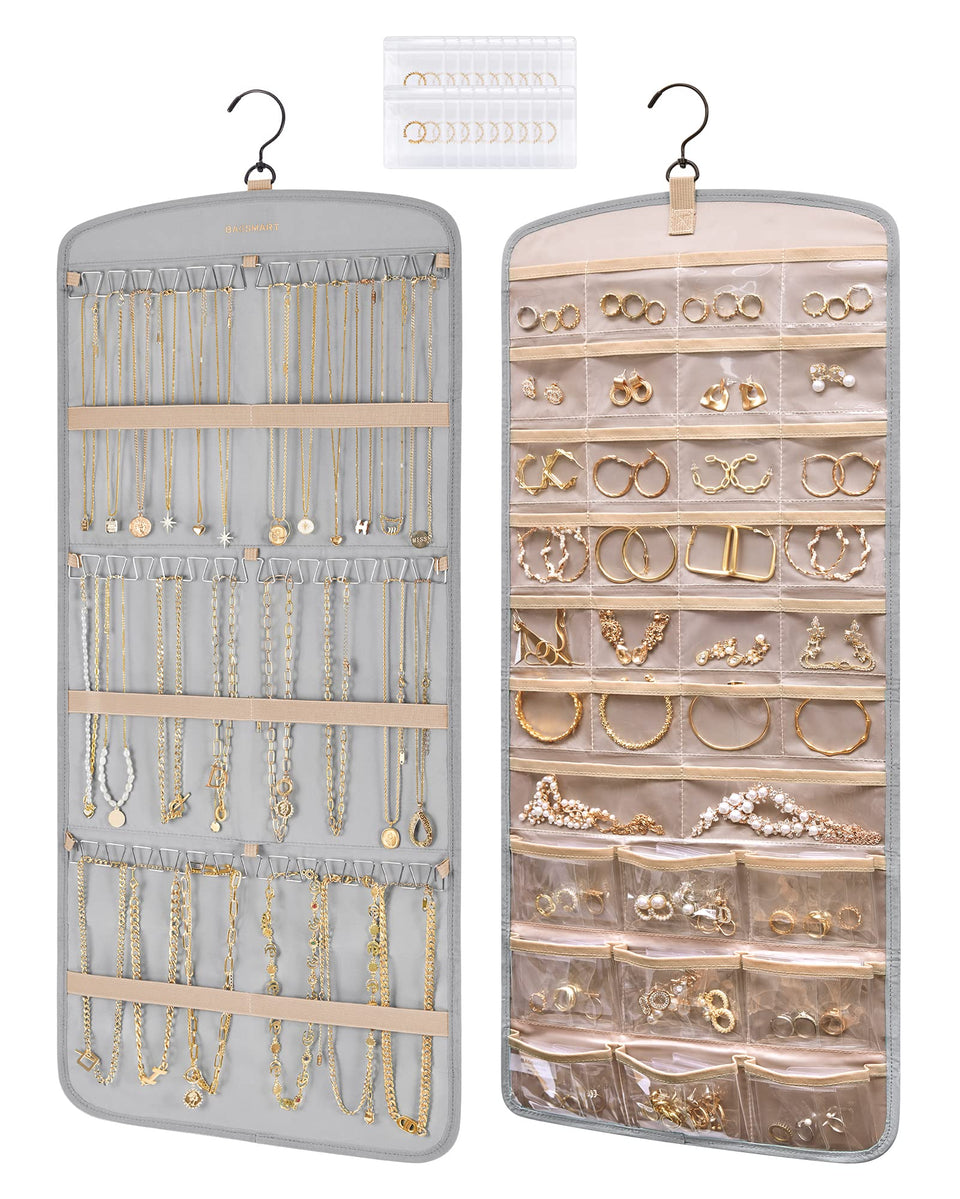 BAGSMART hanging jewelry organizer front view for easy access to pockets.