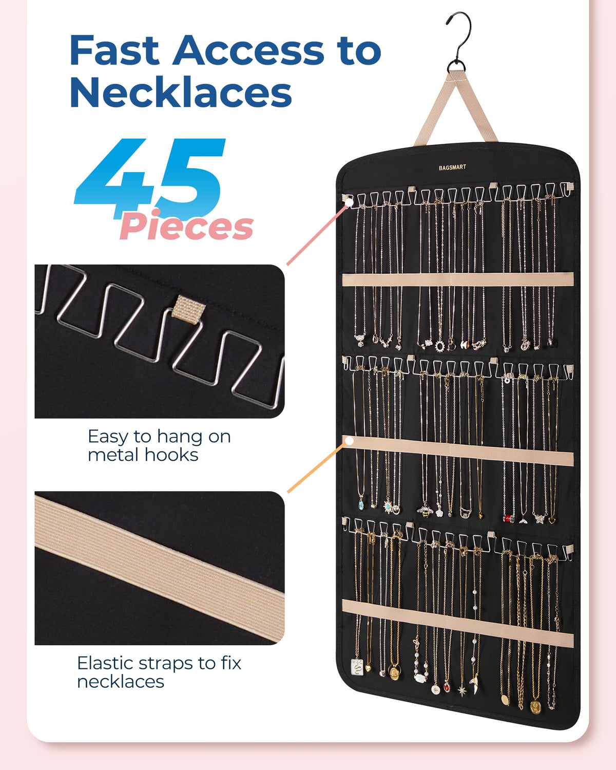 BAGSMART organizer with rotating two-sided hanger saves closet space and untangles necklaces.