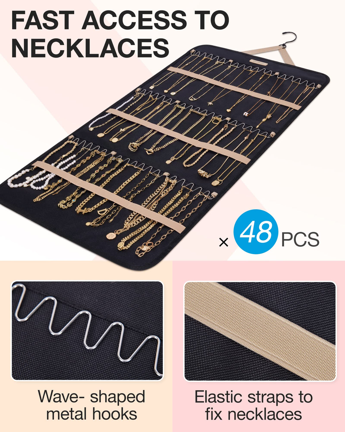 BAGSMART organizer roll back view showing necklace capacity and hook layout