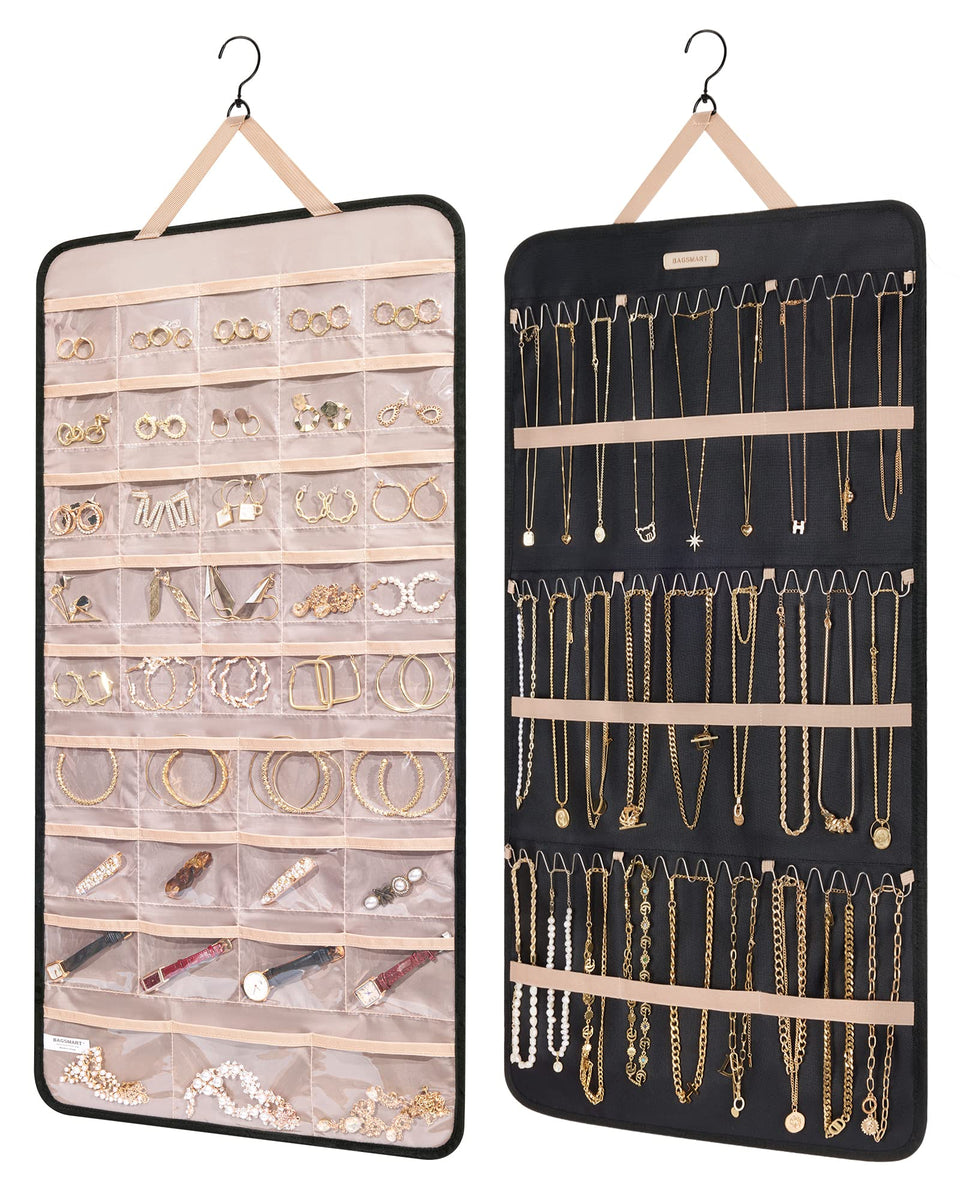 BAGSMART hanging jewelry organizer roll front view with ample pockets for small items