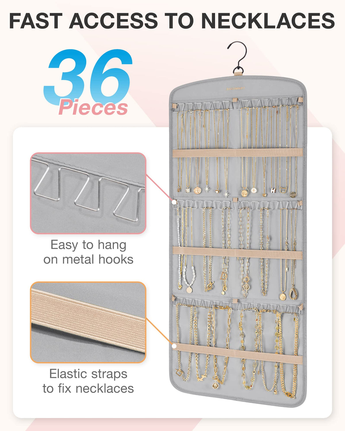 BAGSMART hanging jewelry organizer side view showing expanded storage.