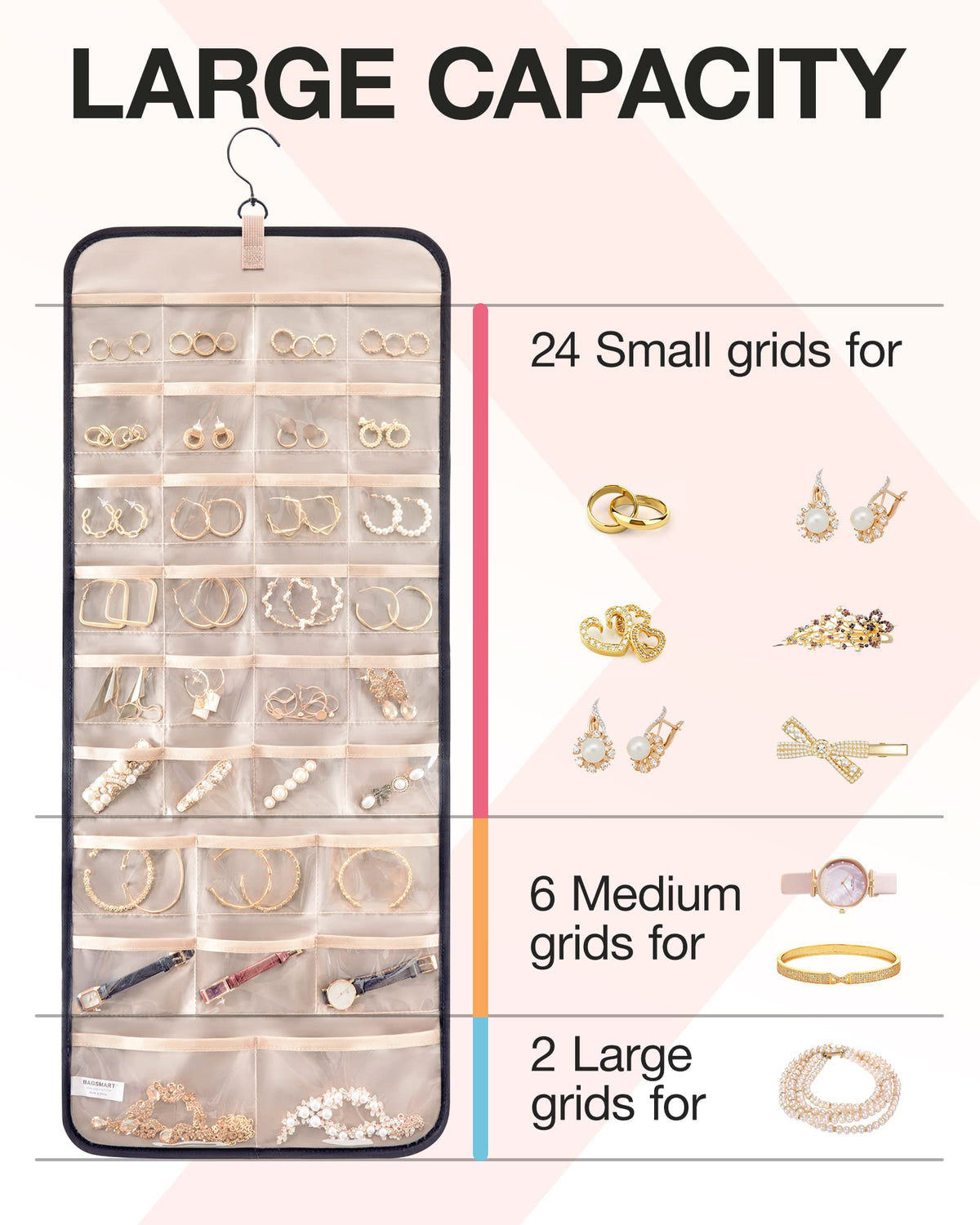 BAGSMART necklace hooks close up with three rows for necklaces