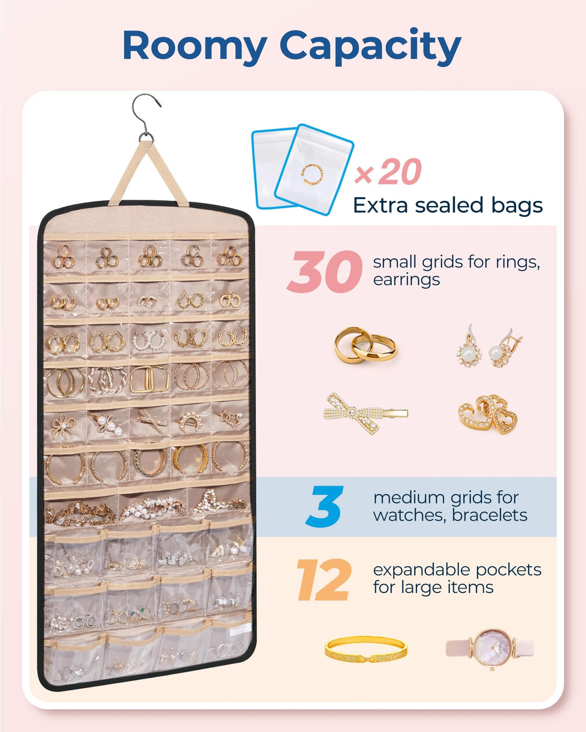 BAGSMART travel-ready jewelry organizer uses sealed PVC pouches for secure packing.