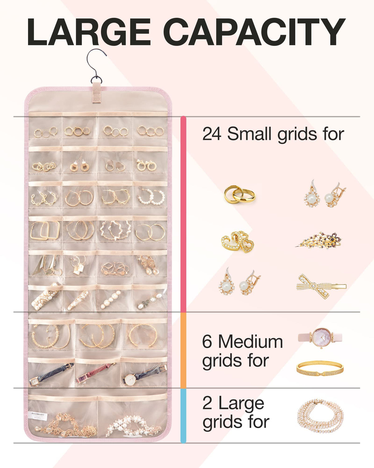 BAGSMART necklace hooks wave-design image emphasizes tangle-free necklace storage.