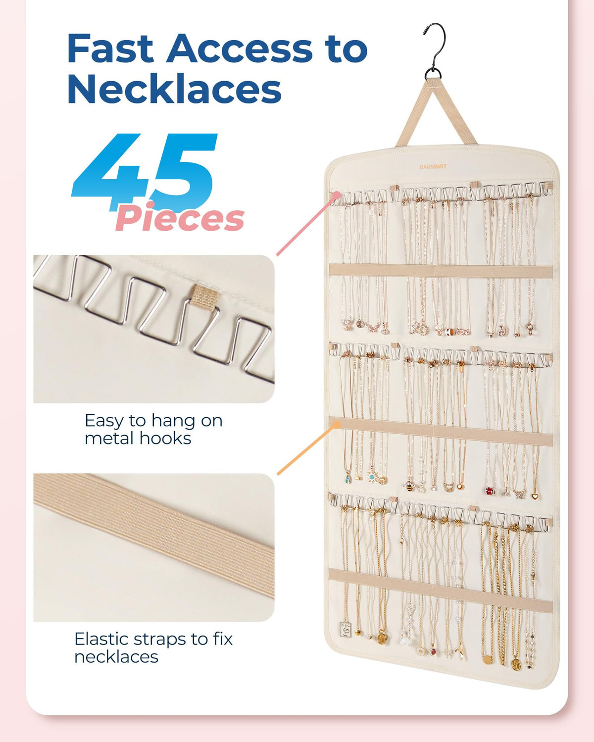 BAGSMART necklace organizer with 3 rows of hooks keeps necklaces organized and accessible.