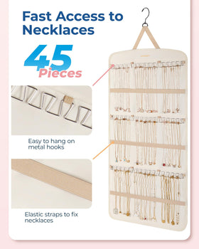 BAGSMART necklace organizer with 3 rows of hooks keeps necklaces organized and accessible.