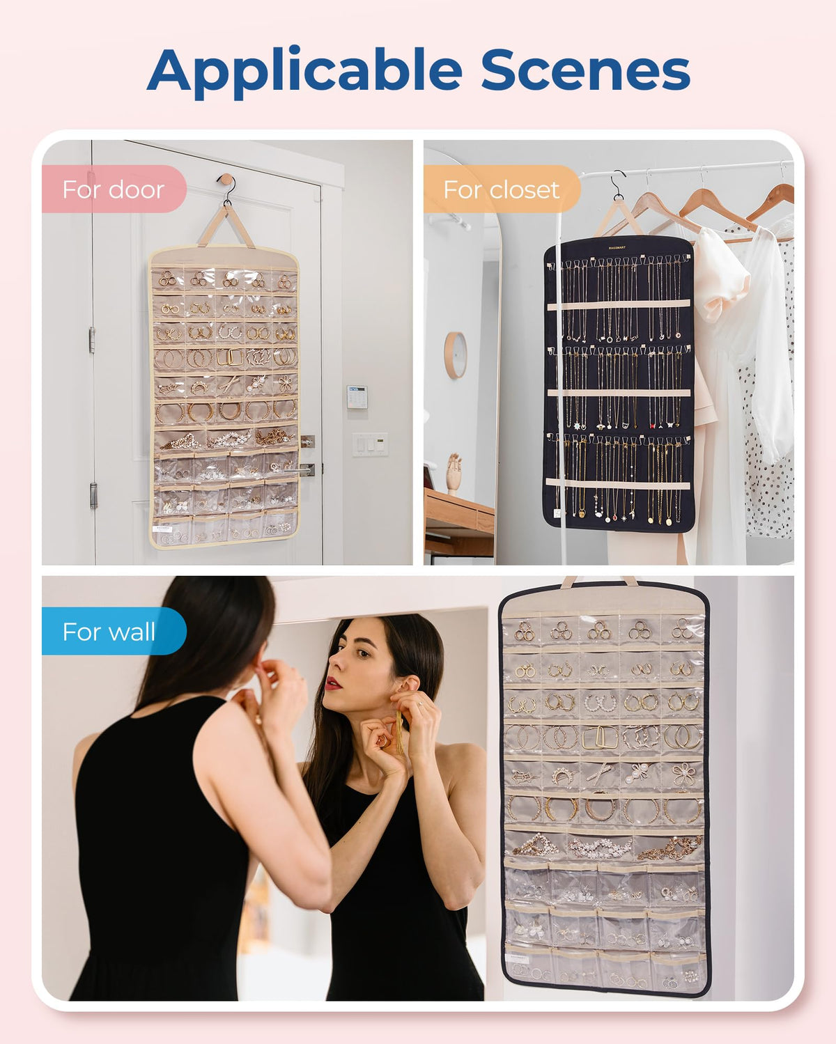 BAGSMART 14.5 by 32.66 inch organizer fits on doors or walls.