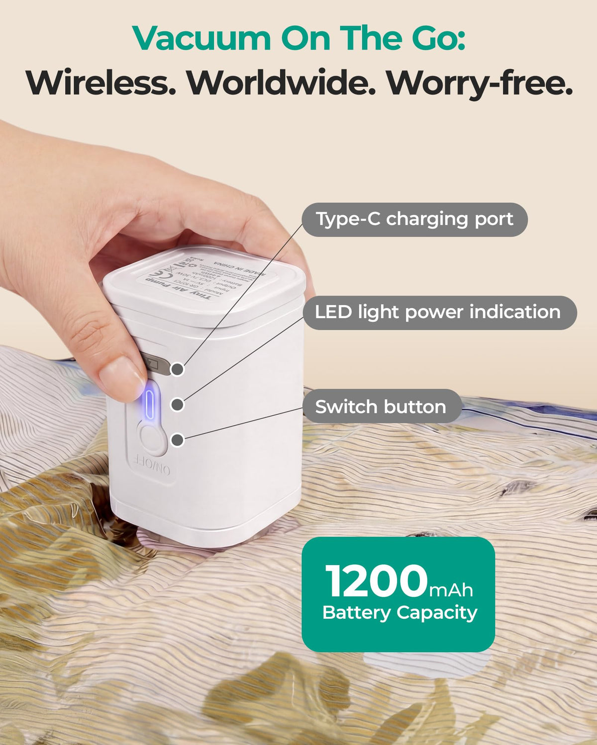 BAGSMART Rechargeable Air Pump powers compact vacuuming without outlets.