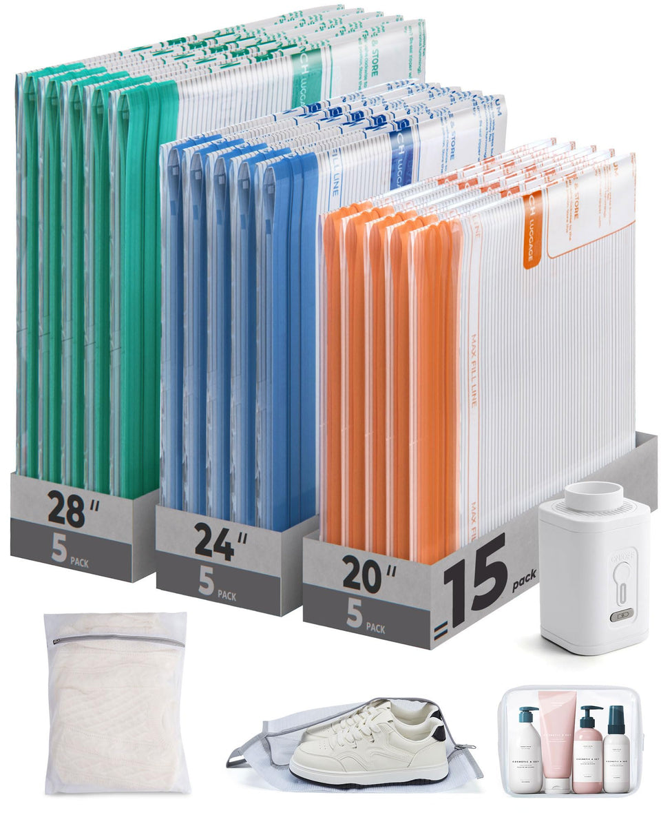 BAGSMART color-coded vacuum bags for sorting clothes while traveling