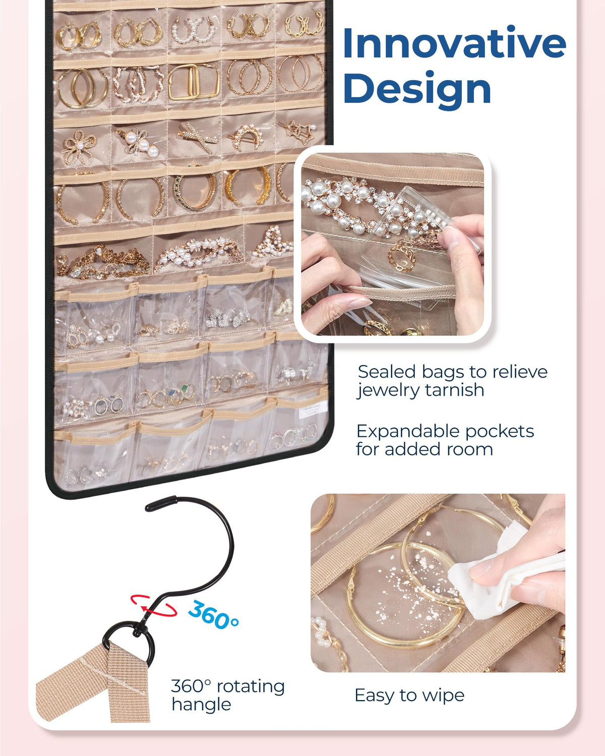 BAGSMART two-sided design holds 39 necklaces on the opposite side.