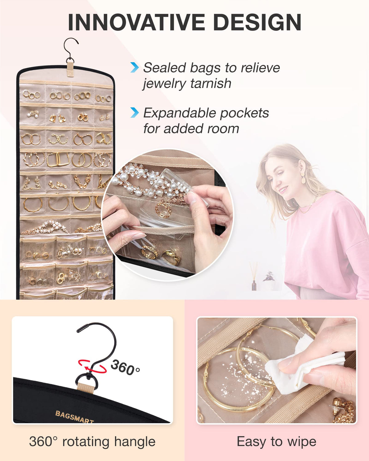 BAGSMART two-sided storage displaying necklaces neatly and tangle-free