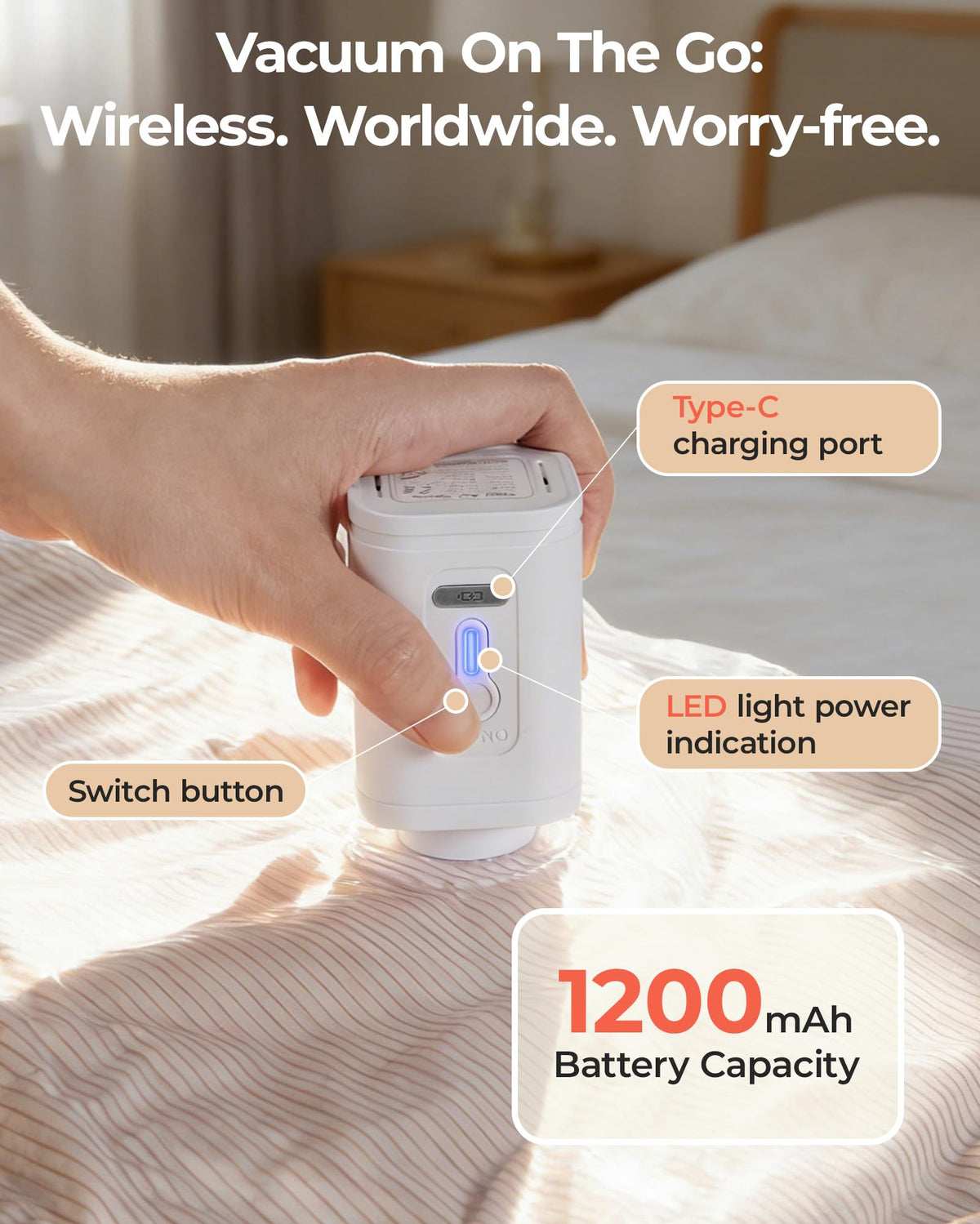 BAGSMART 1200mAh pump in use, wireless and portable.