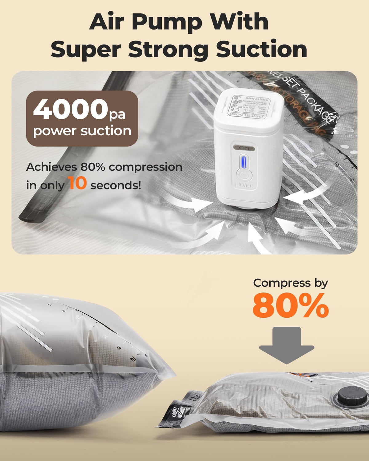 BAGSMART vacuum bags three sizes arranged for quick compression.