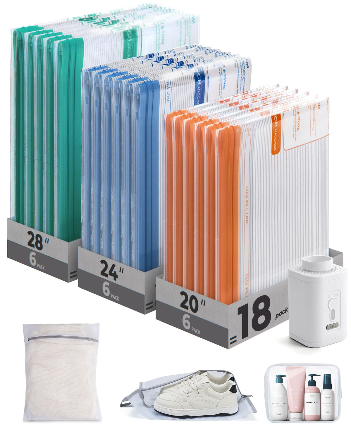 BAGSMART vacuum bags travel kit with color-coded sizes for quick organization.