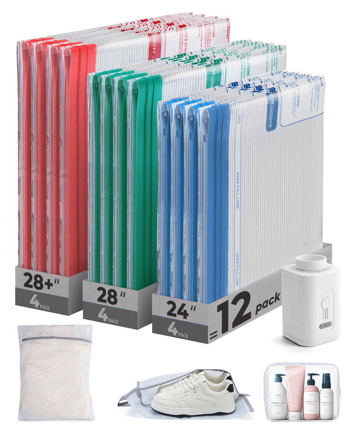 BAGSMART Vacuum Bags travel kit shows color-coded sizes for easy packing.