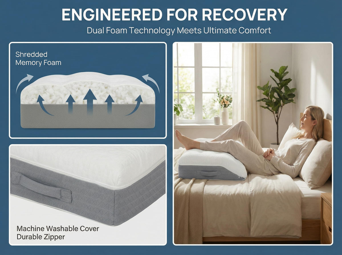 Baibu memory foam leg elevation pillow close-up foam-layer detail, showing elasticity.