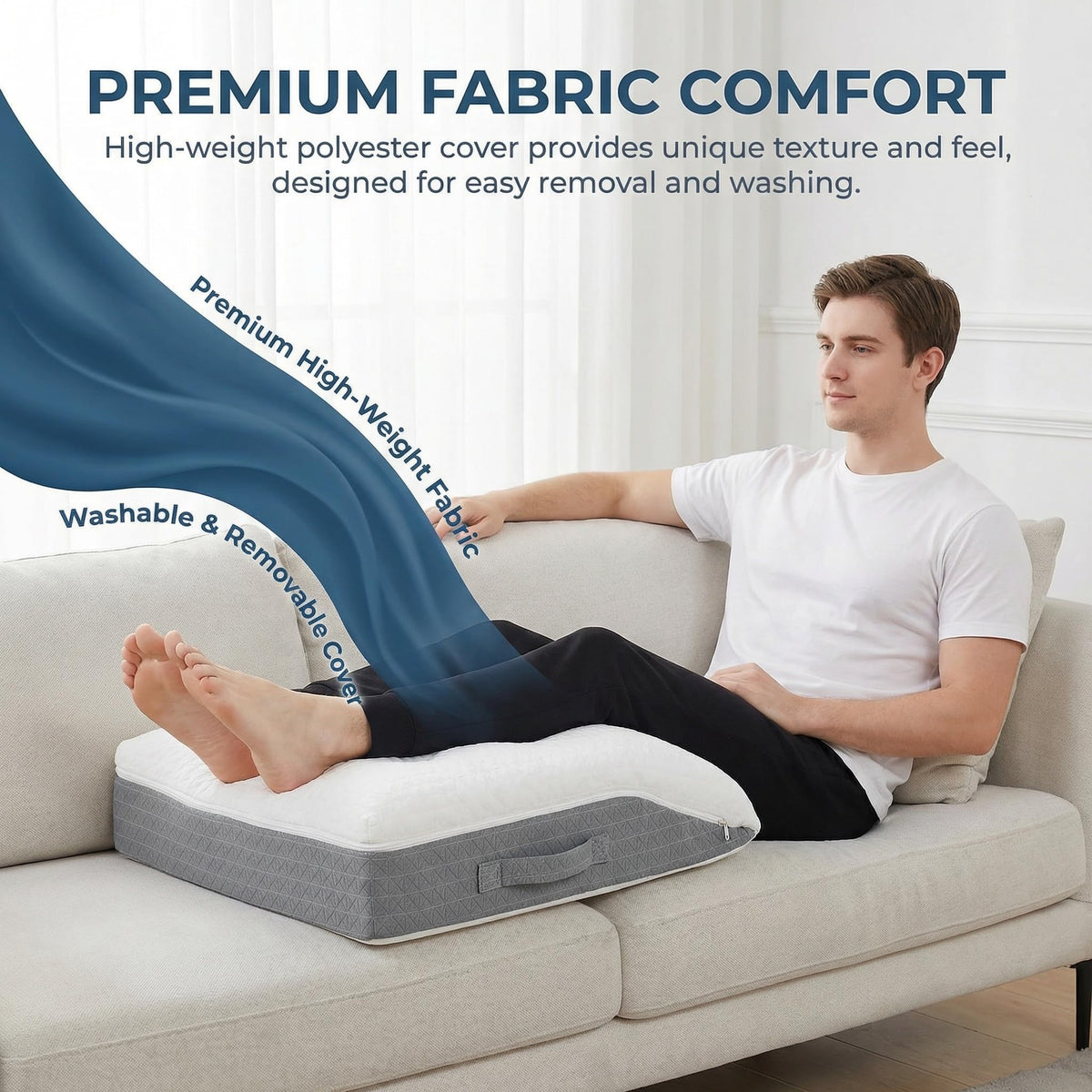 Baibu memory foam leg elevation pillow stitched-edge close-up, durability and secure seams.