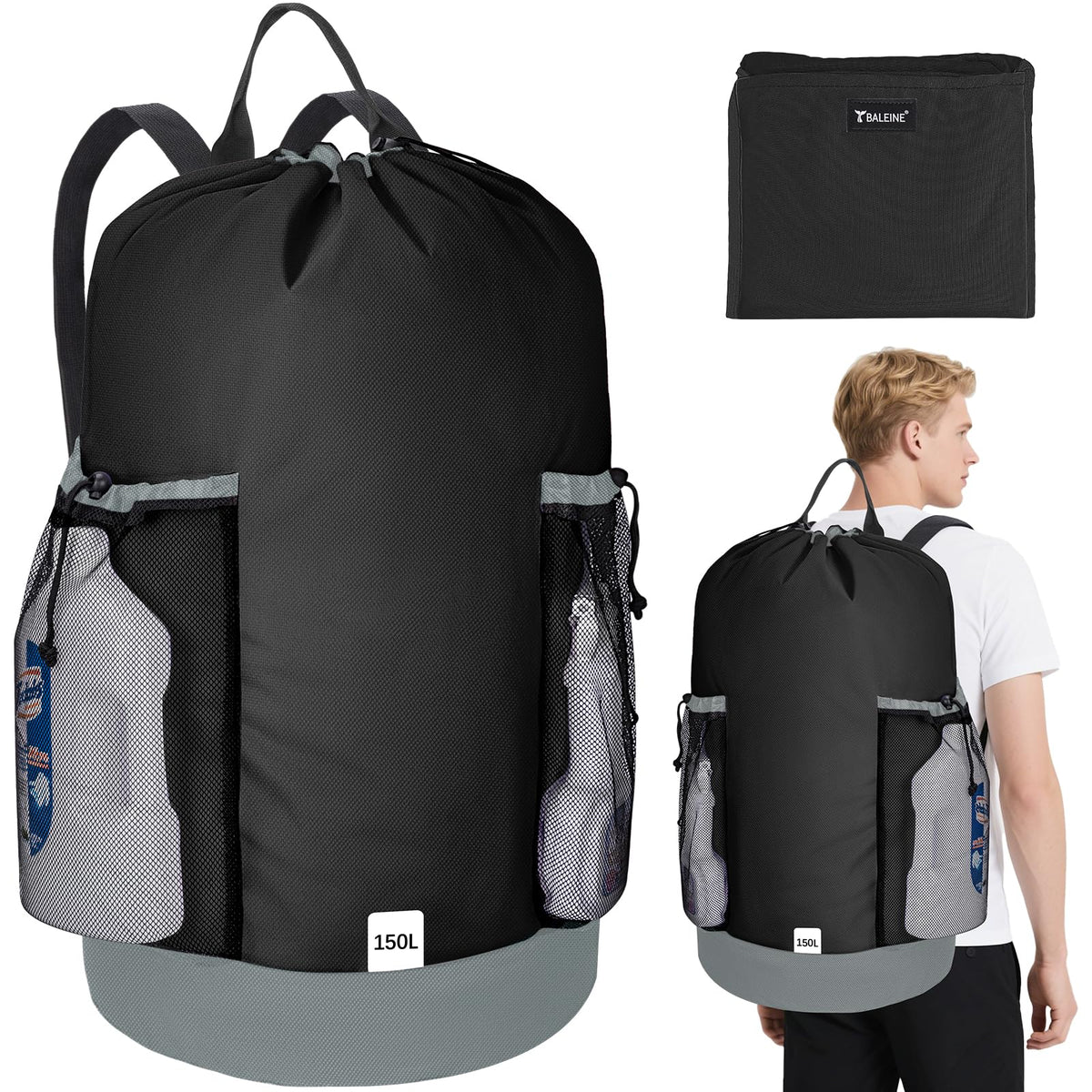BALEINE 150L laundry bag with front pockets for detergent and shoes.