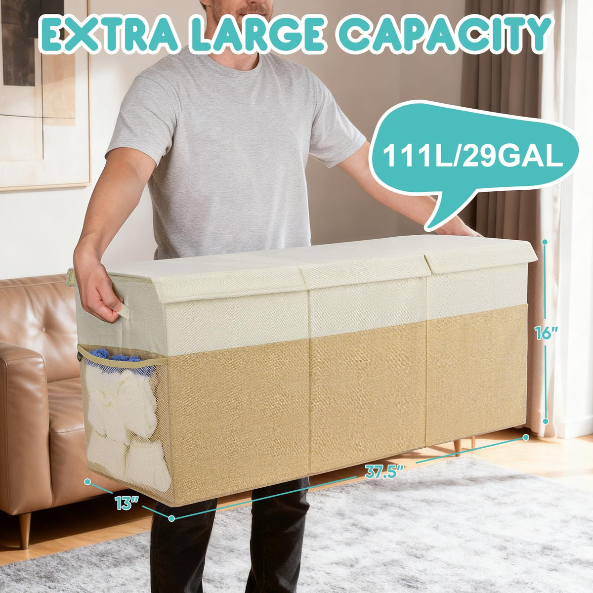 BALEINE large storage bin with mesh pockets in grey for extra storage.
