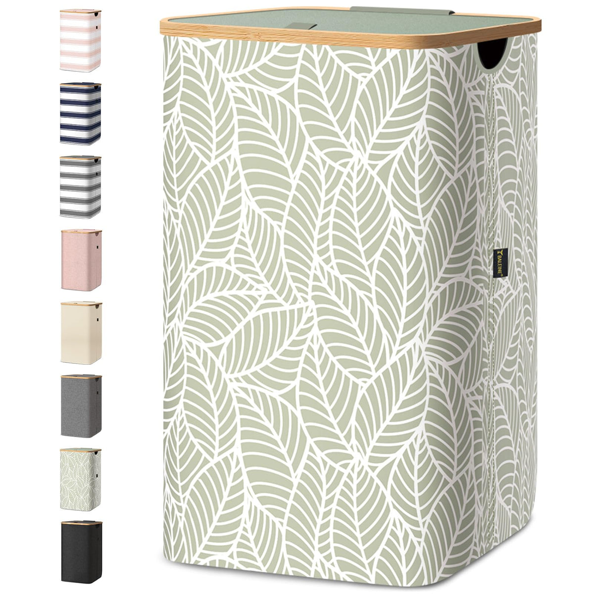 BALEINE laundry hamper with lid and bamboo pull handles keeps laundry organized.