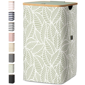BALEINE laundry hamper with lid and bamboo pull handles keeps laundry organized.