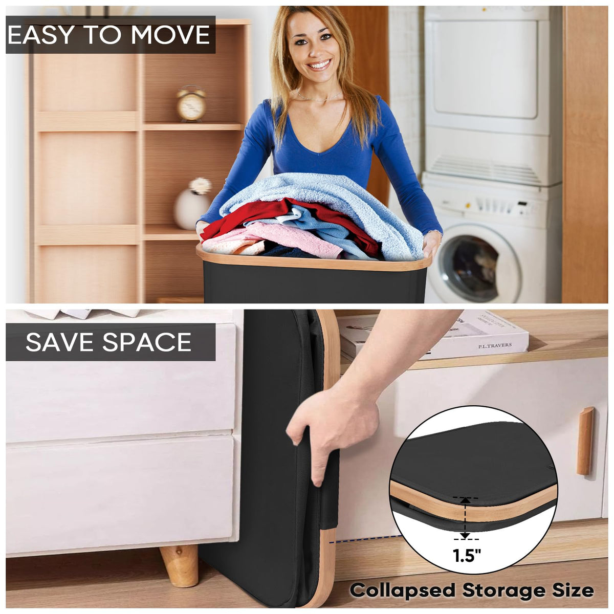 BALEINE hamper lid open view highlights quick access to clothes.