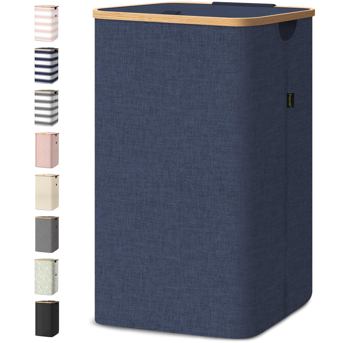 BALEINE laundry hamper with lid in blue showing a sleek bamboo rim and clean lines.